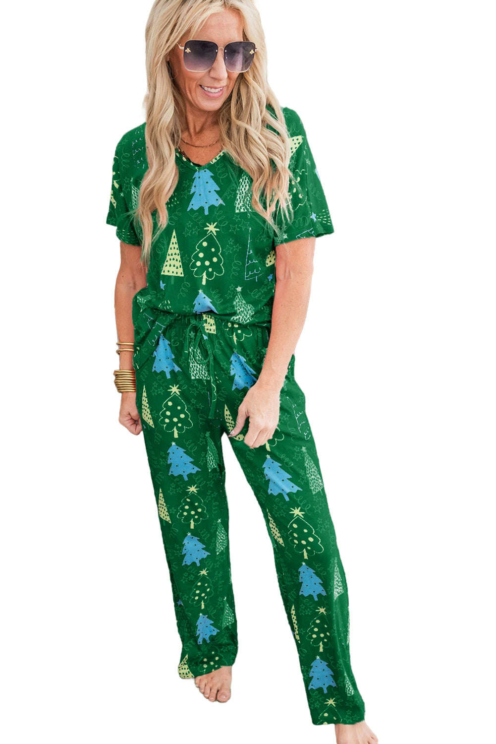 Loungewear Set-Green Christmas Tree Print V Neck Tee and Pants Pajama Set-torontoscreenprinting.ca