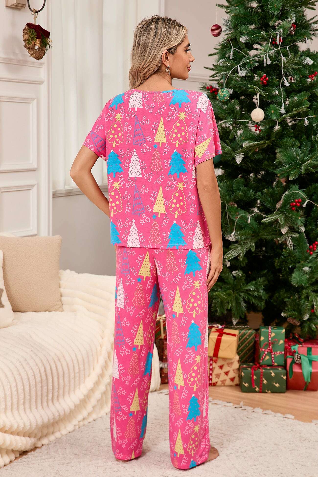 Loungewear Set-Green Christmas Tree Print V Neck Tee and Pants Pajama Set-torontoscreenprinting.ca