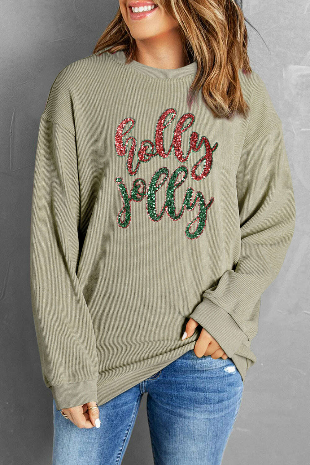 Graphic Sweatshirts-Green Crinkle Rib Christmas Tree Sequin Graphic Sweatshirt-torontoscreenprinting.ca