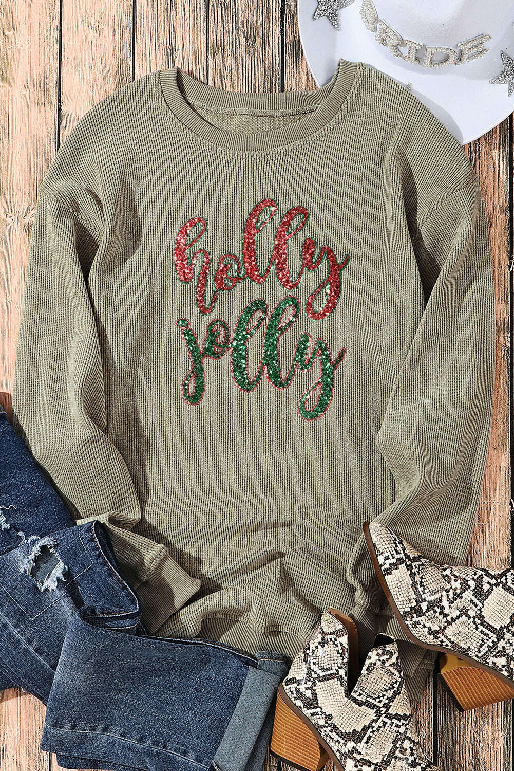 Graphic Sweatshirts-Green Crinkle Rib Christmas Tree Sequin Graphic Sweatshirt-torontoscreenprinting.ca