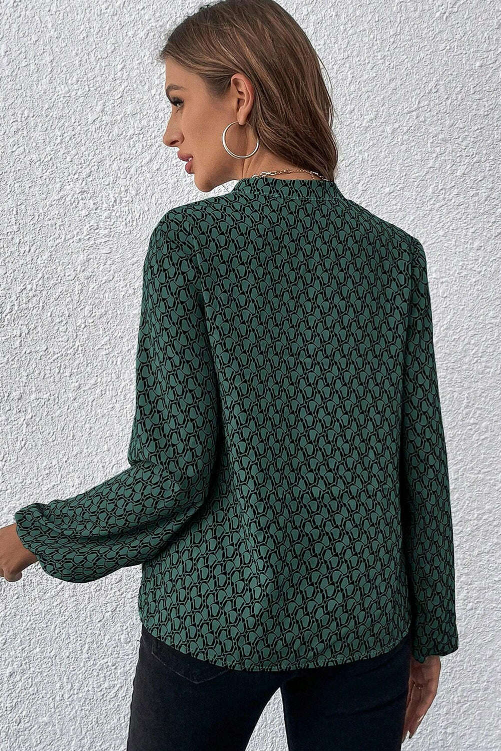 Blouses-Green Geometric Print Notched Neck Long Sleeve Blouse-torontoscreenprinting.ca