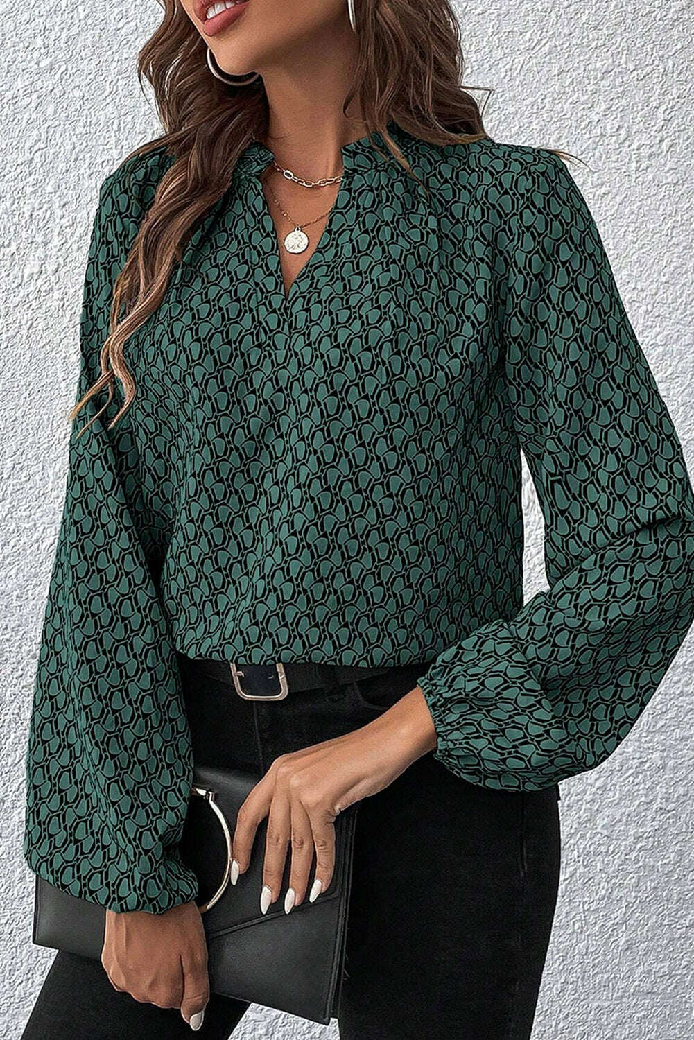 Blouses-Green Geometric Print Notched Neck Long Sleeve Blouse-torontoscreenprinting.ca