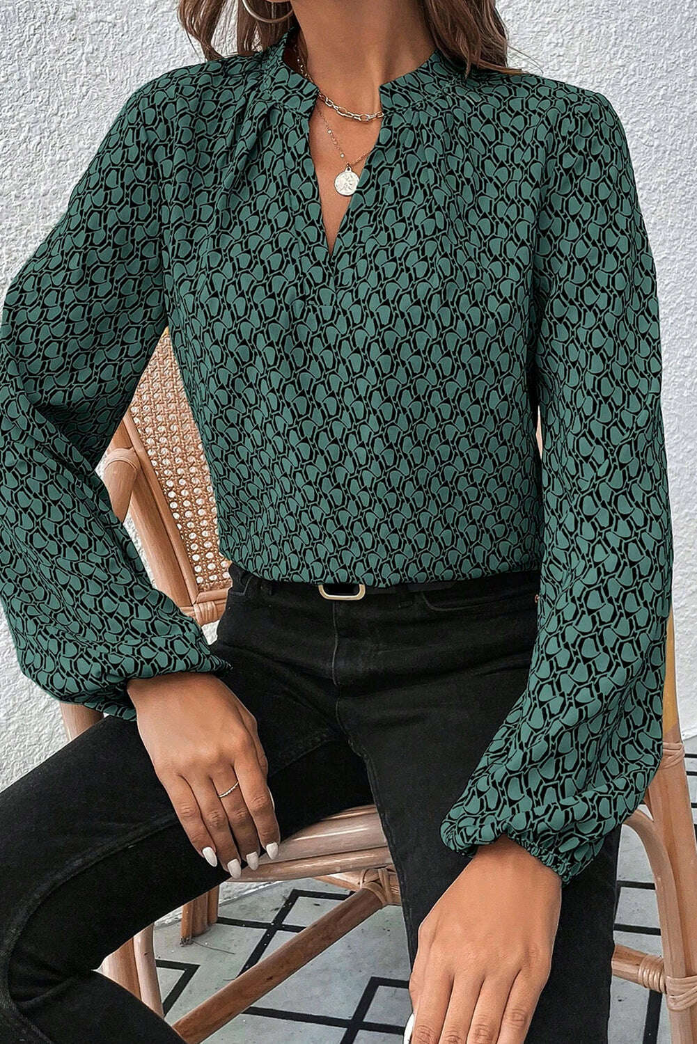 Blouses-Green Geometric Print Notched Neck Long Sleeve Blouse-torontoscreenprinting.ca