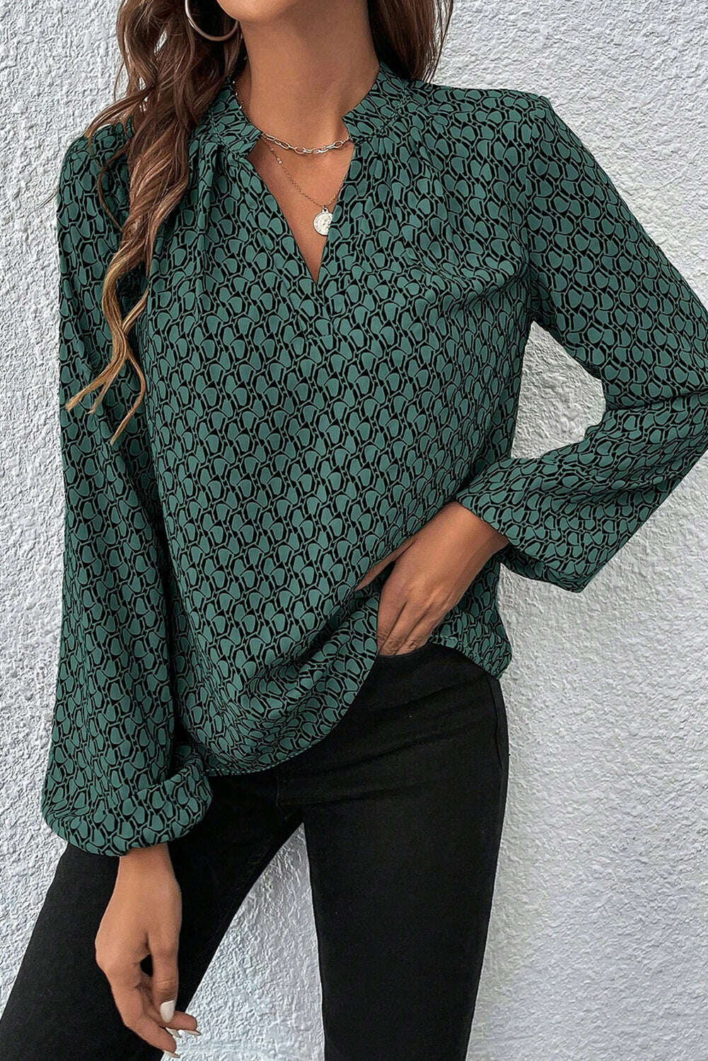 Blouses-Green Geometric Print Notched Neck Long Sleeve Blouse-torontoscreenprinting.ca