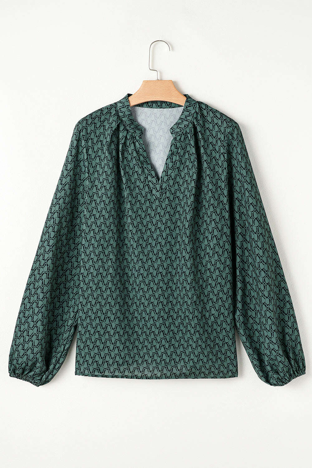 Blouses-Green Geometric Print Notched Neck Long Sleeve Blouse-torontoscreenprinting.ca