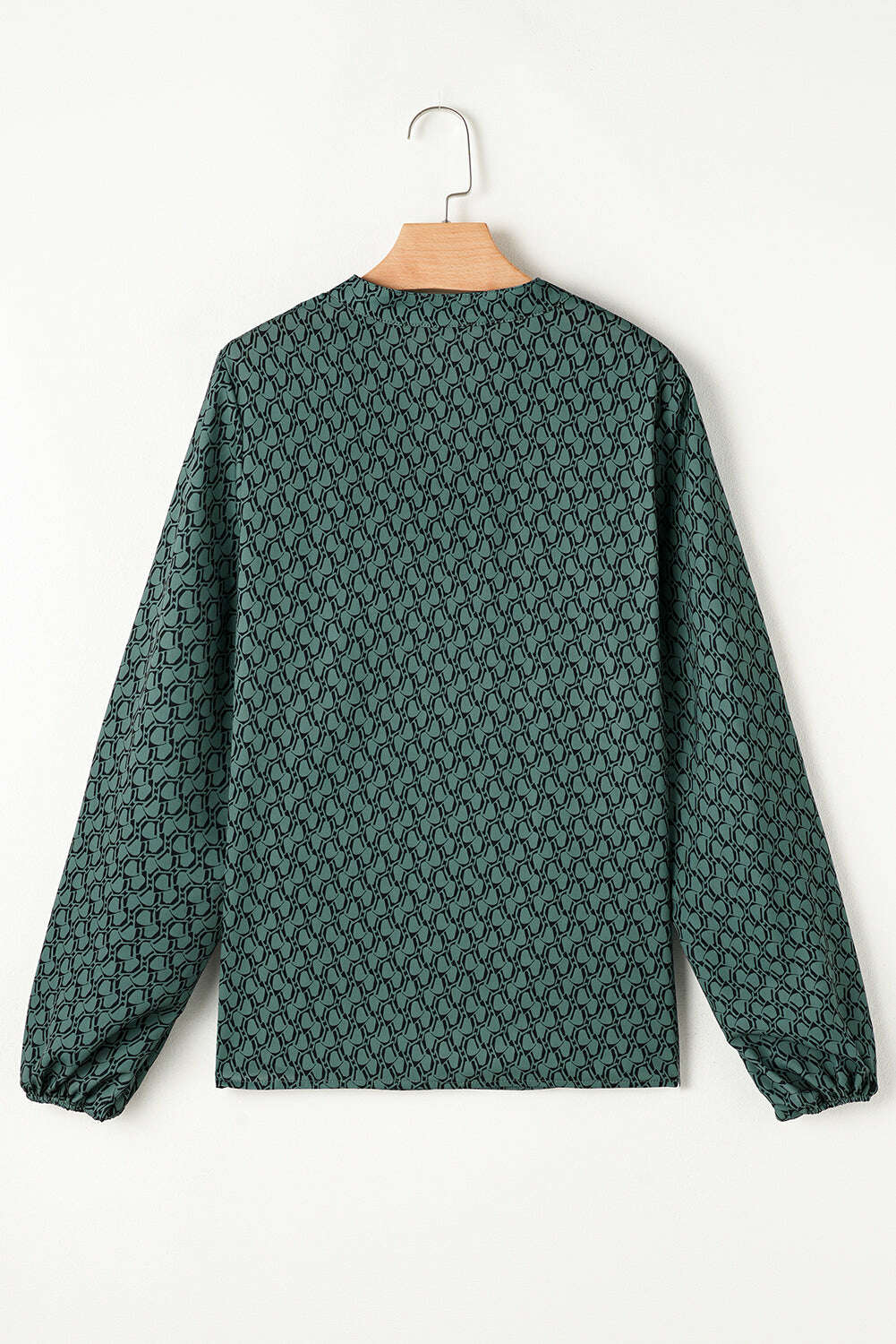 Blouses-Green Geometric Print Notched Neck Long Sleeve Blouse-torontoscreenprinting.ca