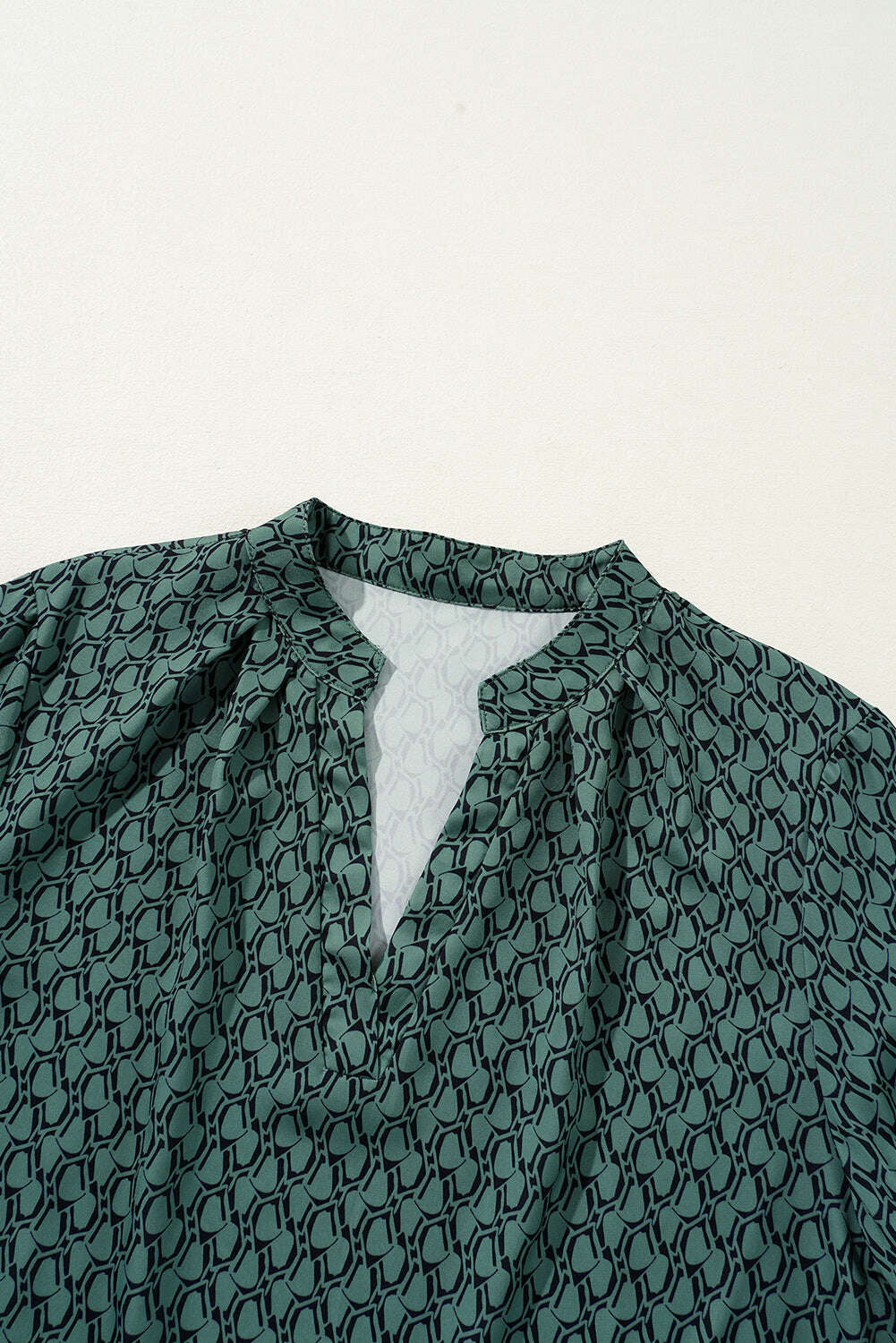 Blouses-Green Geometric Print Notched Neck Long Sleeve Blouse-torontoscreenprinting.ca