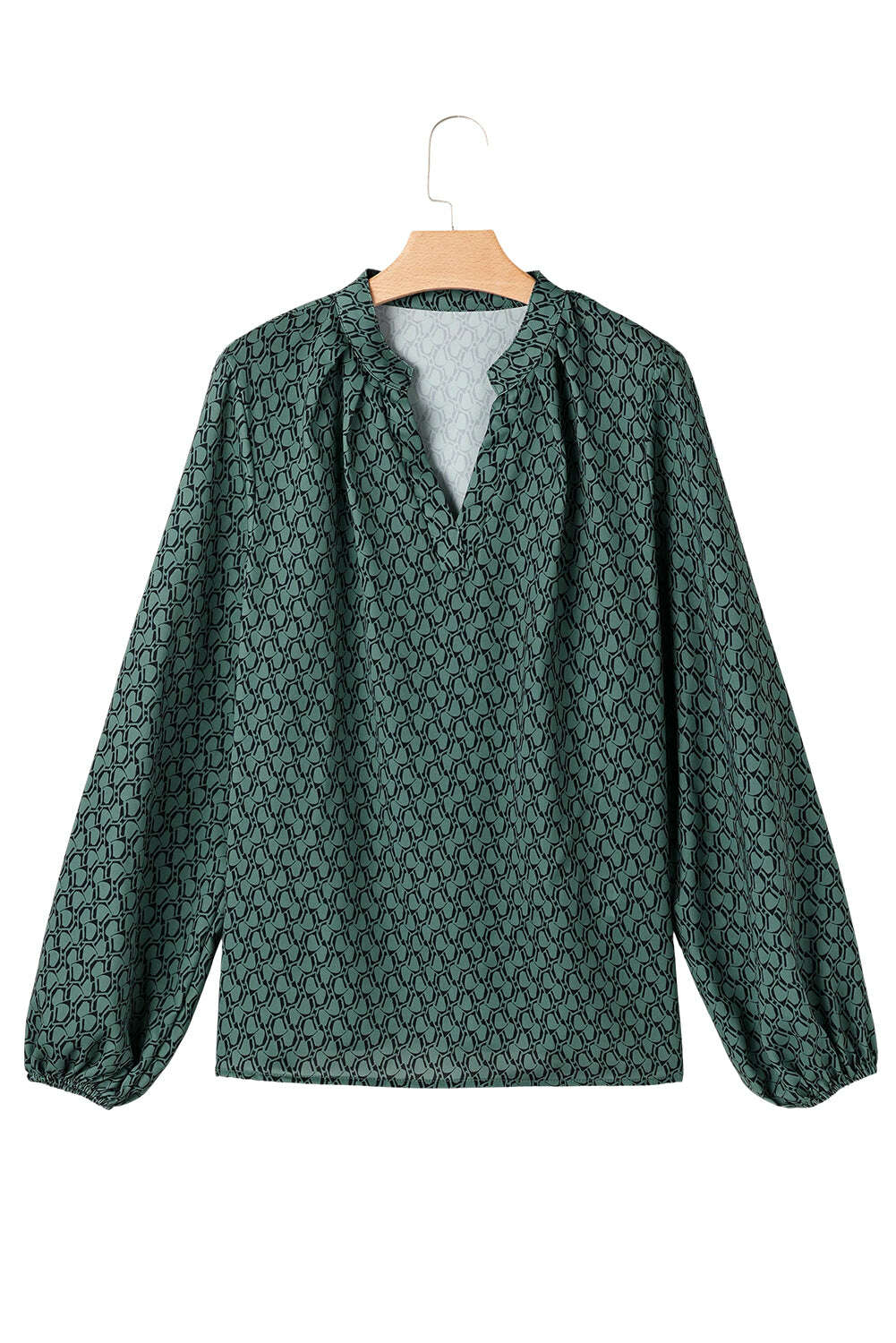 Blouses-Green Geometric Print Notched Neck Long Sleeve Blouse-torontoscreenprinting.ca