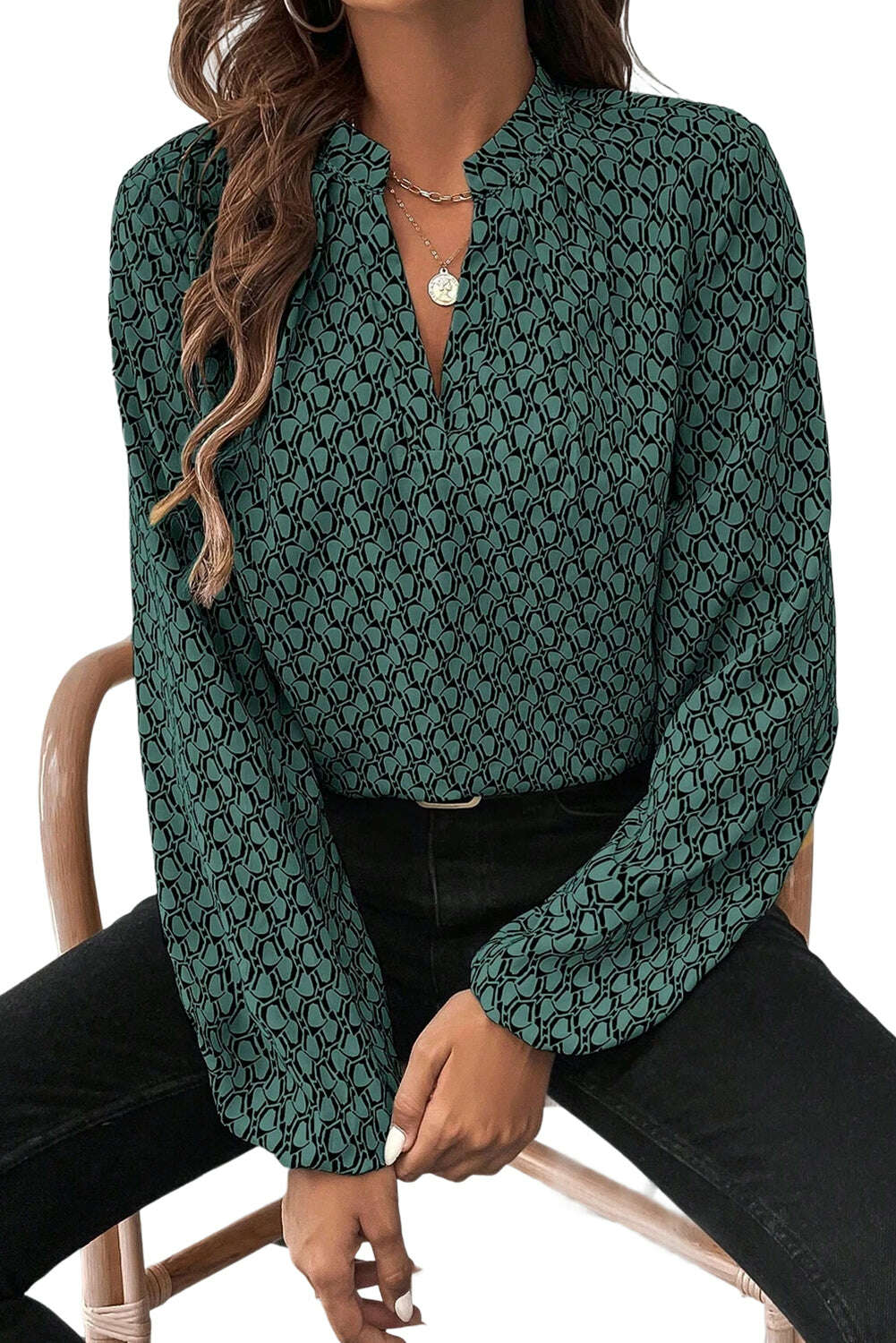 Blouses-Green Geometric Print Notched Neck Long Sleeve Blouse-torontoscreenprinting.ca