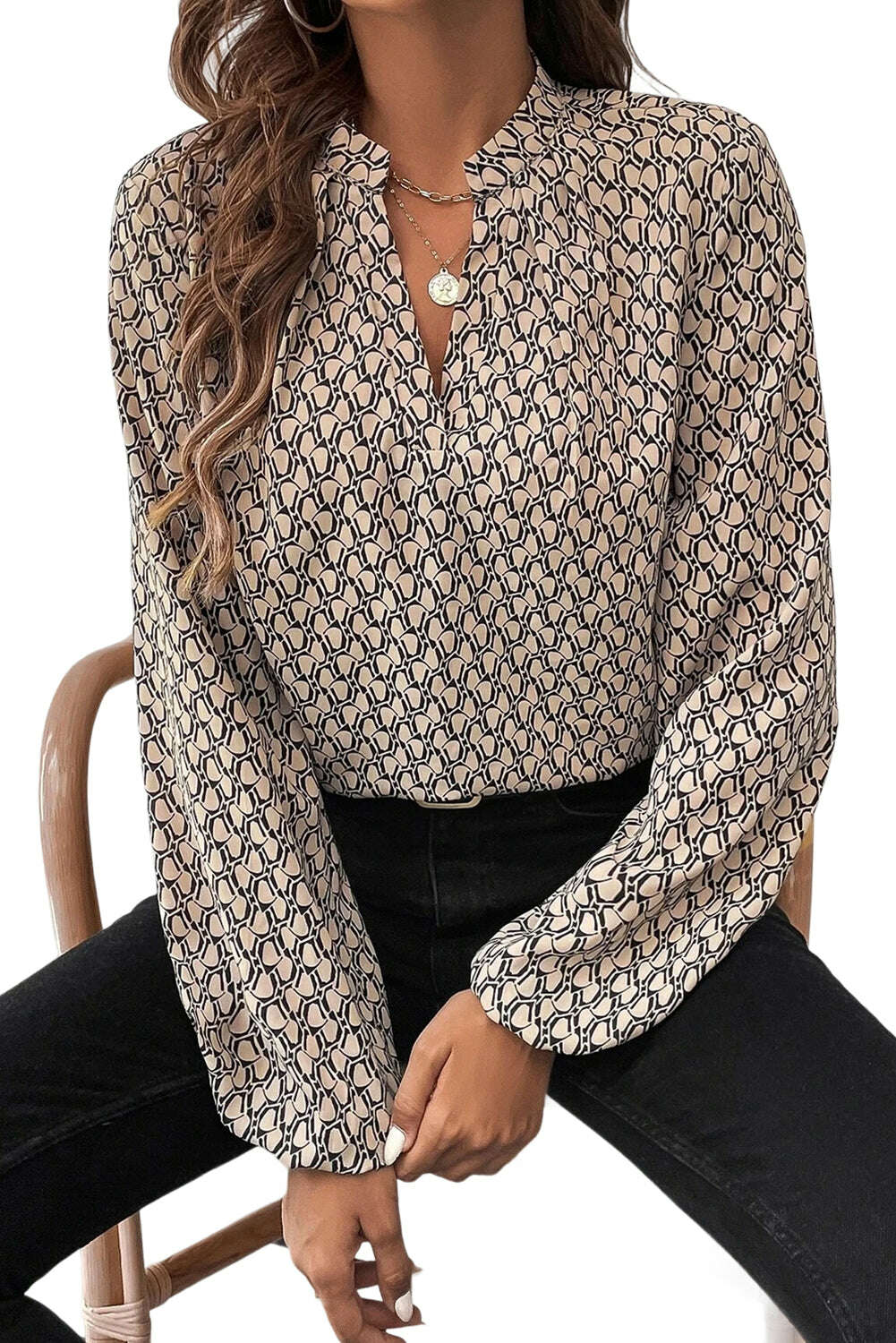 Blouses-Green Geometric Print Notched Neck Long Sleeve Blouse-torontoscreenprinting.ca