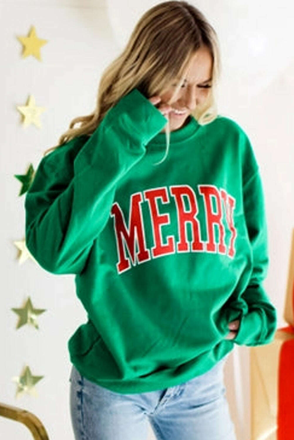 Sweatshirts & Hoodies-Green MERRY Print Drop Sleeve Pullover Sweatshirt-torontoscreenprinting.ca