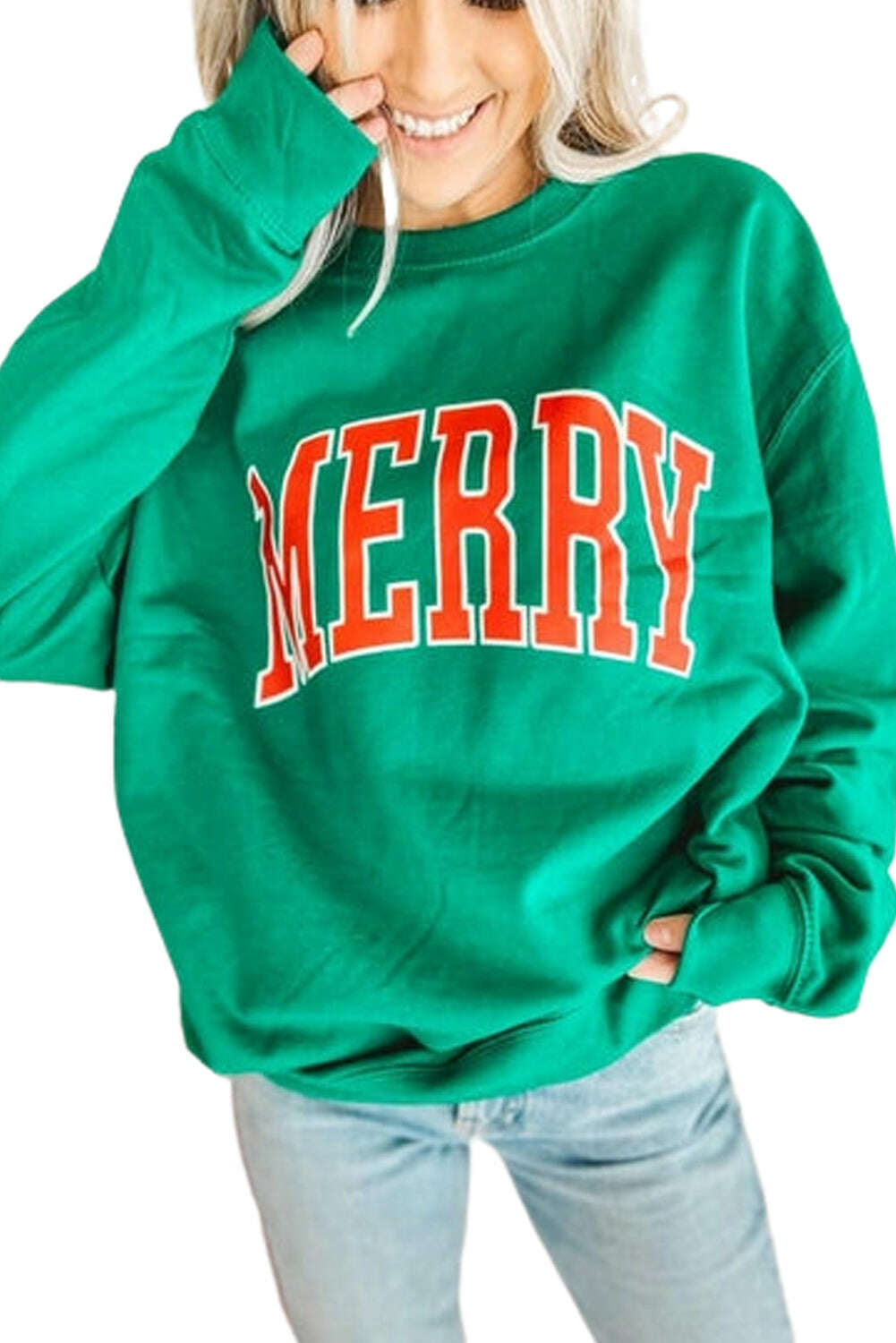 Sweatshirts & Hoodies-Green MERRY Print Drop Sleeve Pullover Sweatshirt-torontoscreenprinting.ca