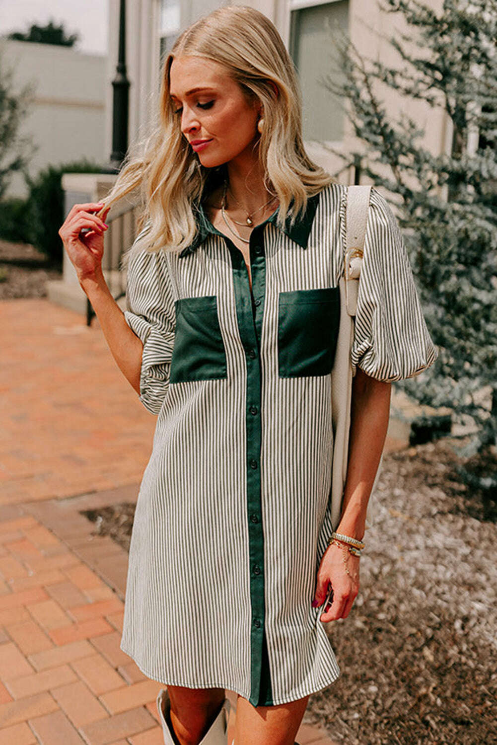 Short Dresses-Green Patch Pockets Button Down Short Puff Sleeve Dress-torontoscreenprinting.ca