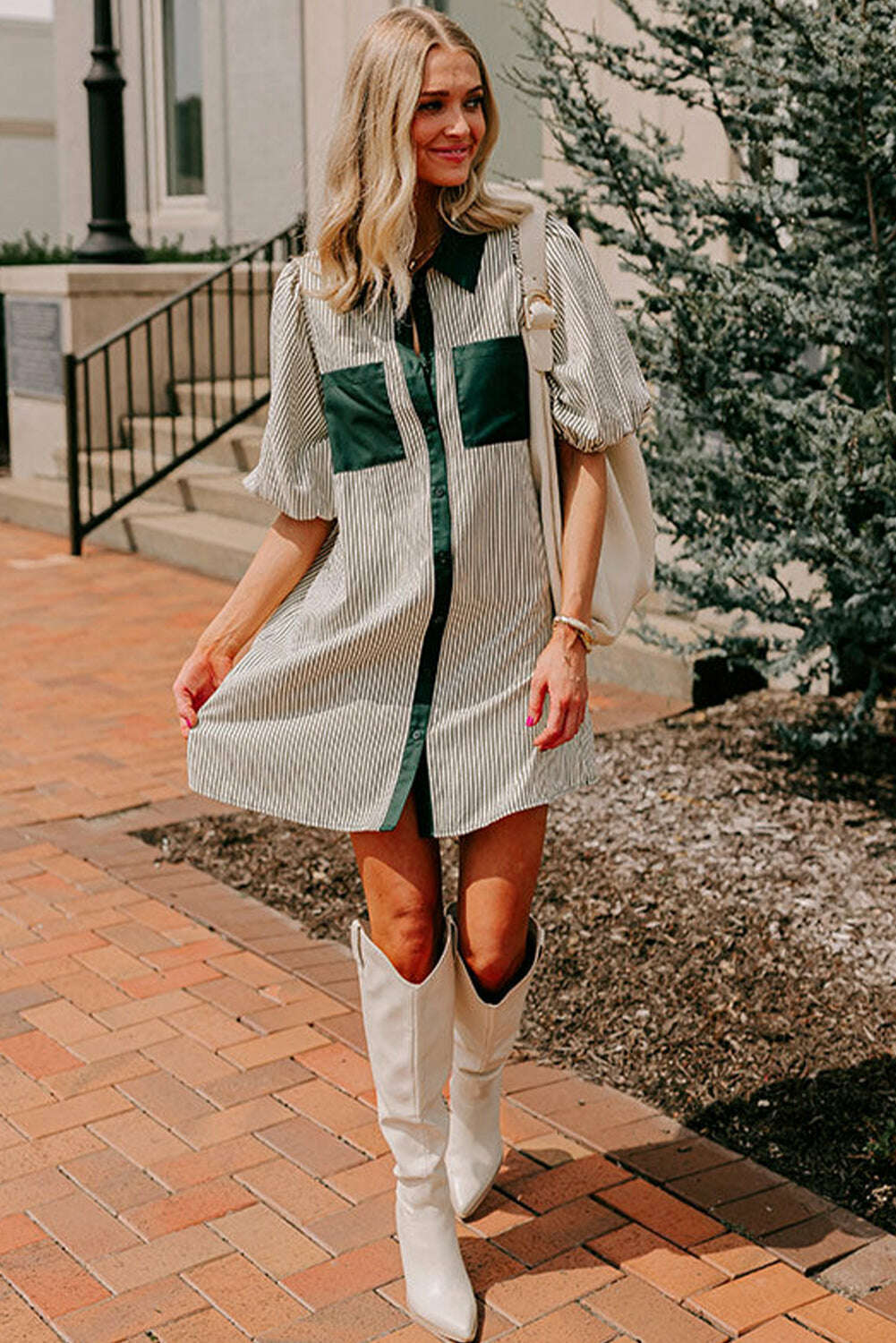 Short Dresses-Green Patch Pockets Button Down Short Puff Sleeve Dress-torontoscreenprinting.ca