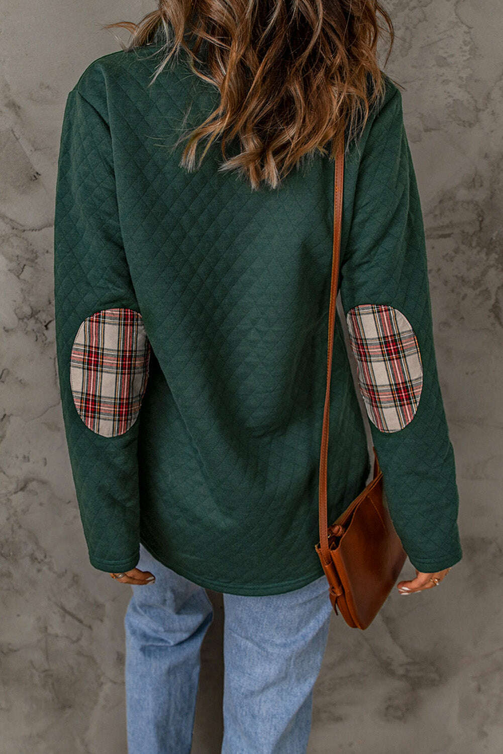 Sweatshirts & Hoodies-Green Plaid Geometric Texture Trim Buttons Neck Quilted Sweatshirt-torontoscreenprinting.ca