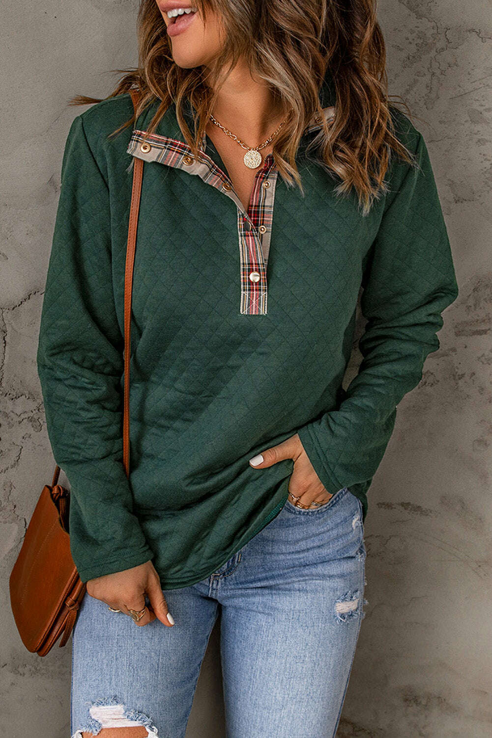 Sweatshirts & Hoodies-Green Plaid Geometric Texture Trim Buttons Neck Quilted Sweatshirt-torontoscreenprinting.ca