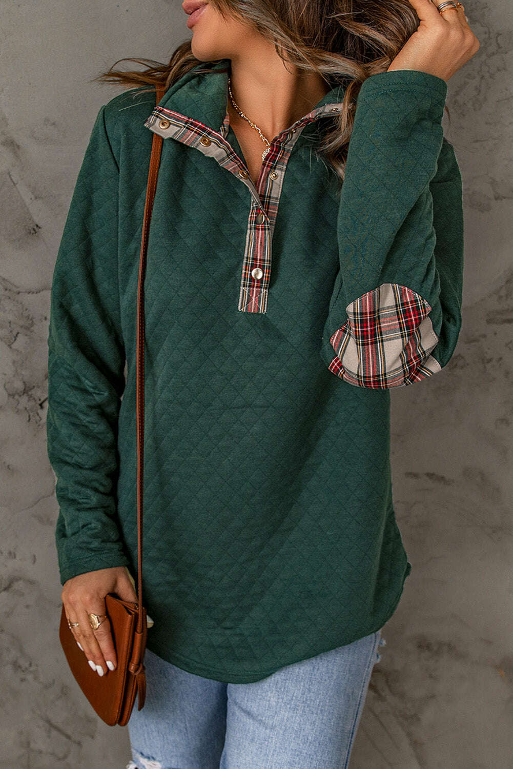 Sweatshirts & Hoodies-Green Plaid Geometric Texture Trim Buttons Neck Quilted Sweatshirt-torontoscreenprinting.ca