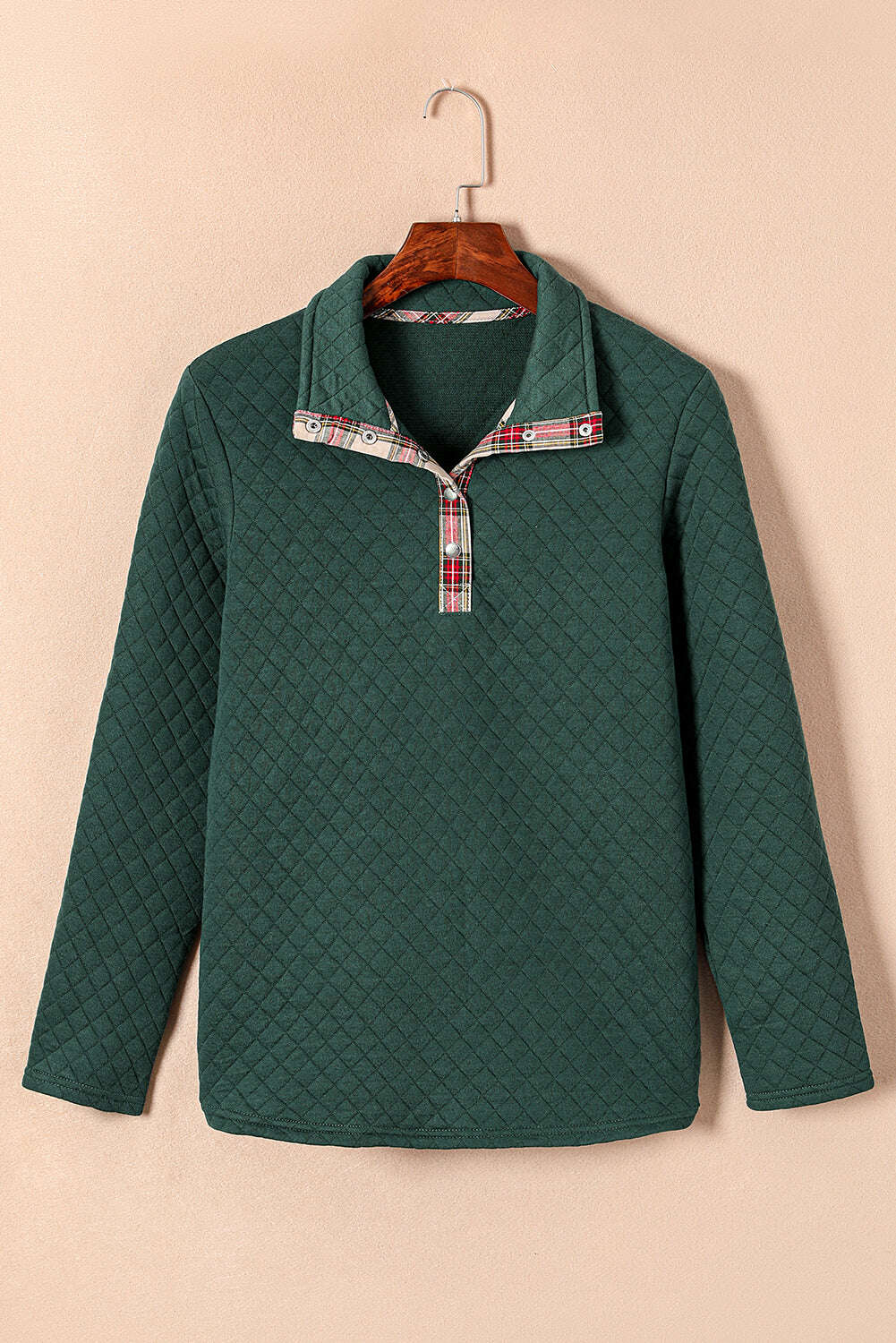 Sweatshirts & Hoodies-Green Plaid Geometric Texture Trim Buttons Neck Quilted Sweatshirt-torontoscreenprinting.ca