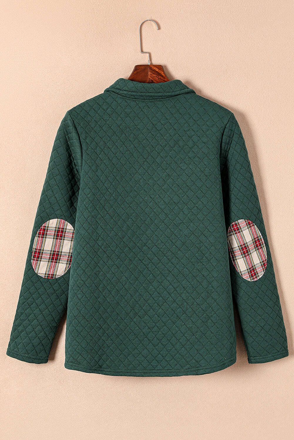 Sweatshirts & Hoodies-Green Plaid Geometric Texture Trim Buttons Neck Quilted Sweatshirt-torontoscreenprinting.ca