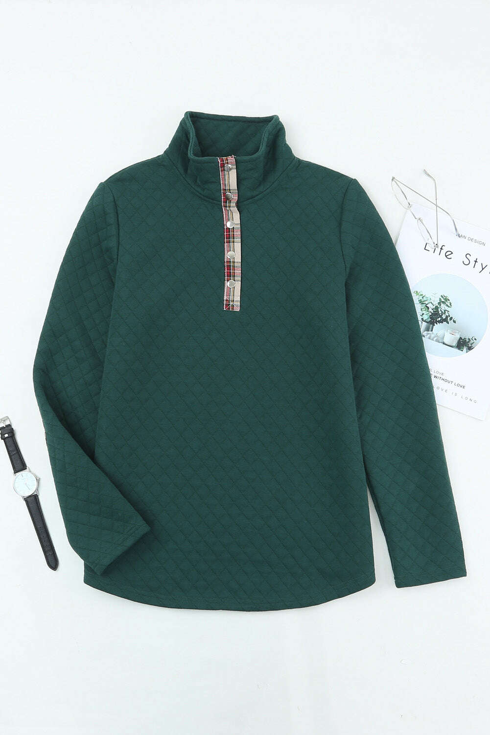 Sweatshirts & Hoodies-Green Plaid Geometric Texture Trim Buttons Neck Quilted Sweatshirt-torontoscreenprinting.ca