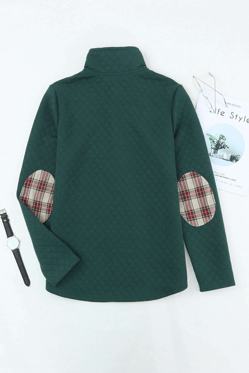 Sweatshirts & Hoodies-Green Plaid Geometric Texture Trim Buttons Neck Quilted Sweatshirt-torontoscreenprinting.ca