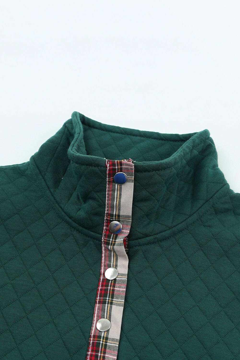 Sweatshirts & Hoodies-Green Plaid Geometric Texture Trim Buttons Neck Quilted Sweatshirt-torontoscreenprinting.ca