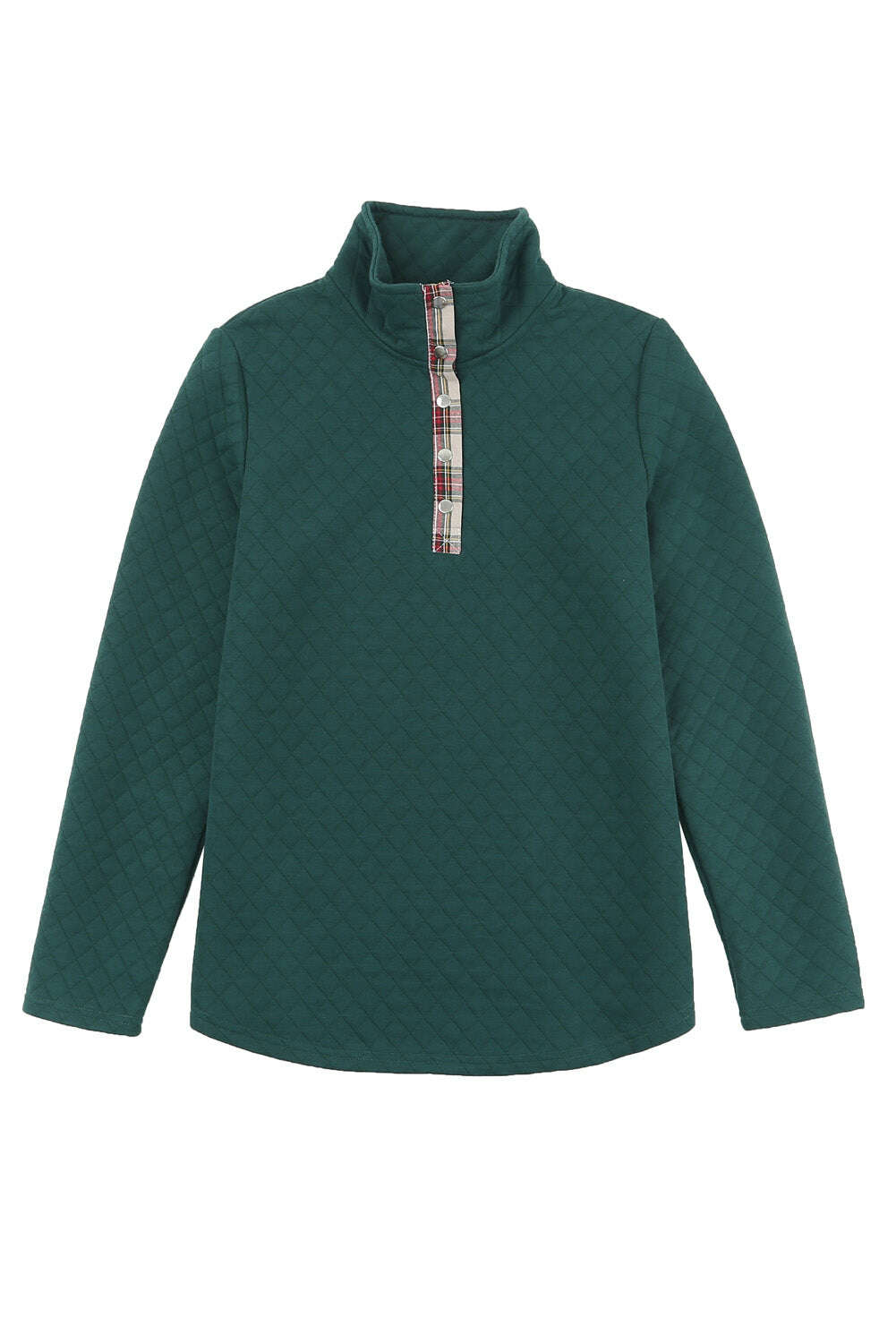 Sweatshirts & Hoodies-Green Plaid Geometric Texture Trim Buttons Neck Quilted Sweatshirt-torontoscreenprinting.ca