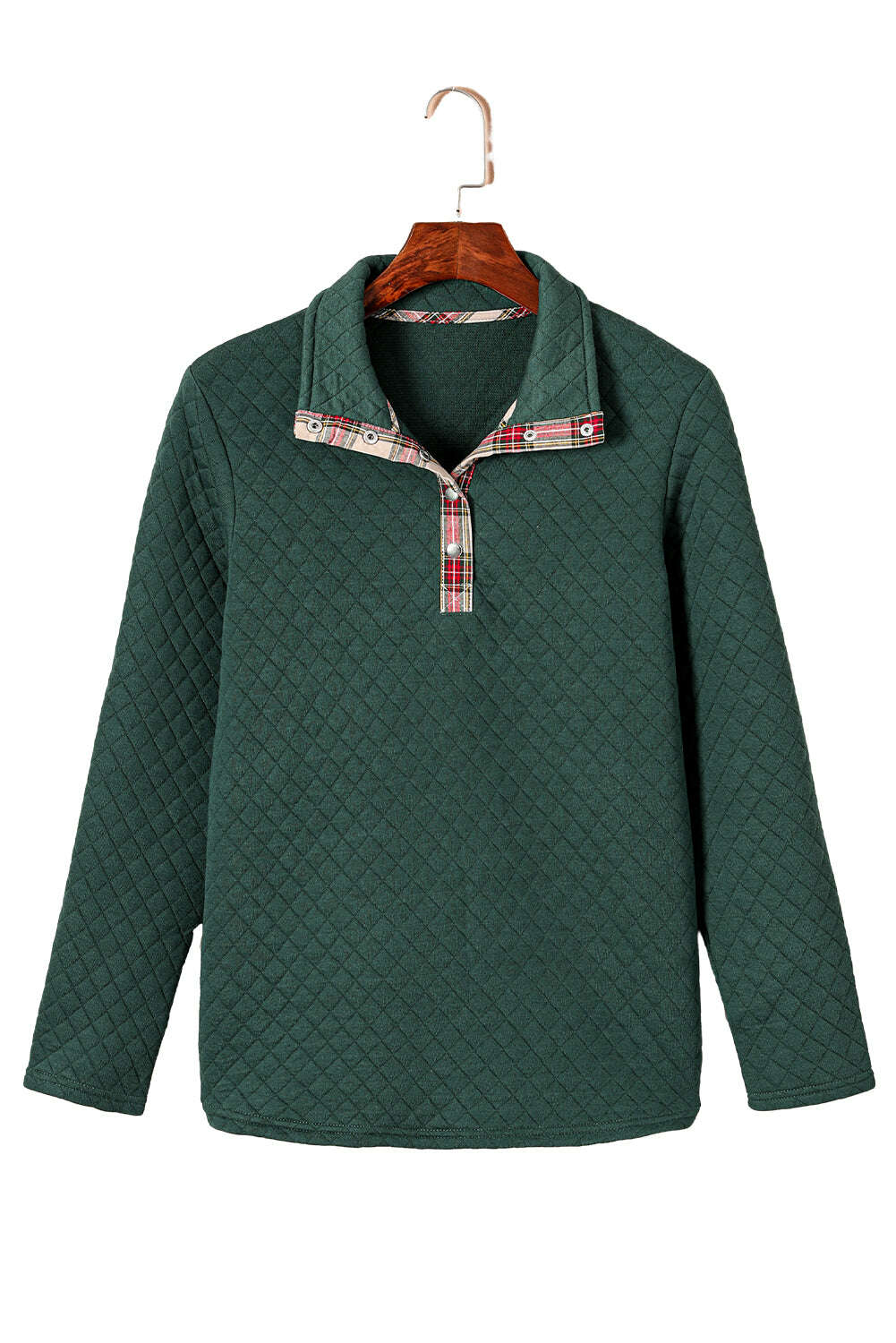 Sweatshirts & Hoodies-Green Plaid Geometric Texture Trim Buttons Neck Quilted Sweatshirt-torontoscreenprinting.ca