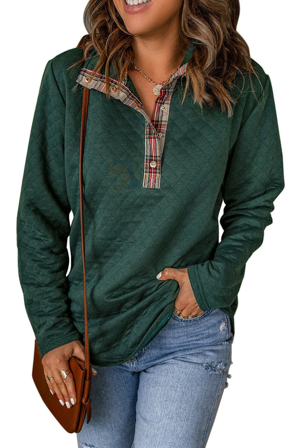 Sweatshirts & Hoodies-Green Plaid Geometric Texture Trim Buttons Neck Quilted Sweatshirt-torontoscreenprinting.ca