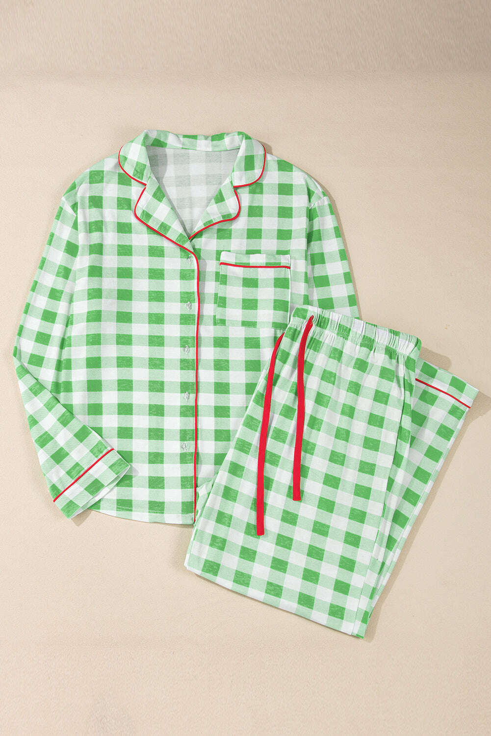 Plus Size Matching Sets-Green Plaid Print Piping Trim Long Sleeve Plus Size Pajama Set-torontoscreenprinting.ca