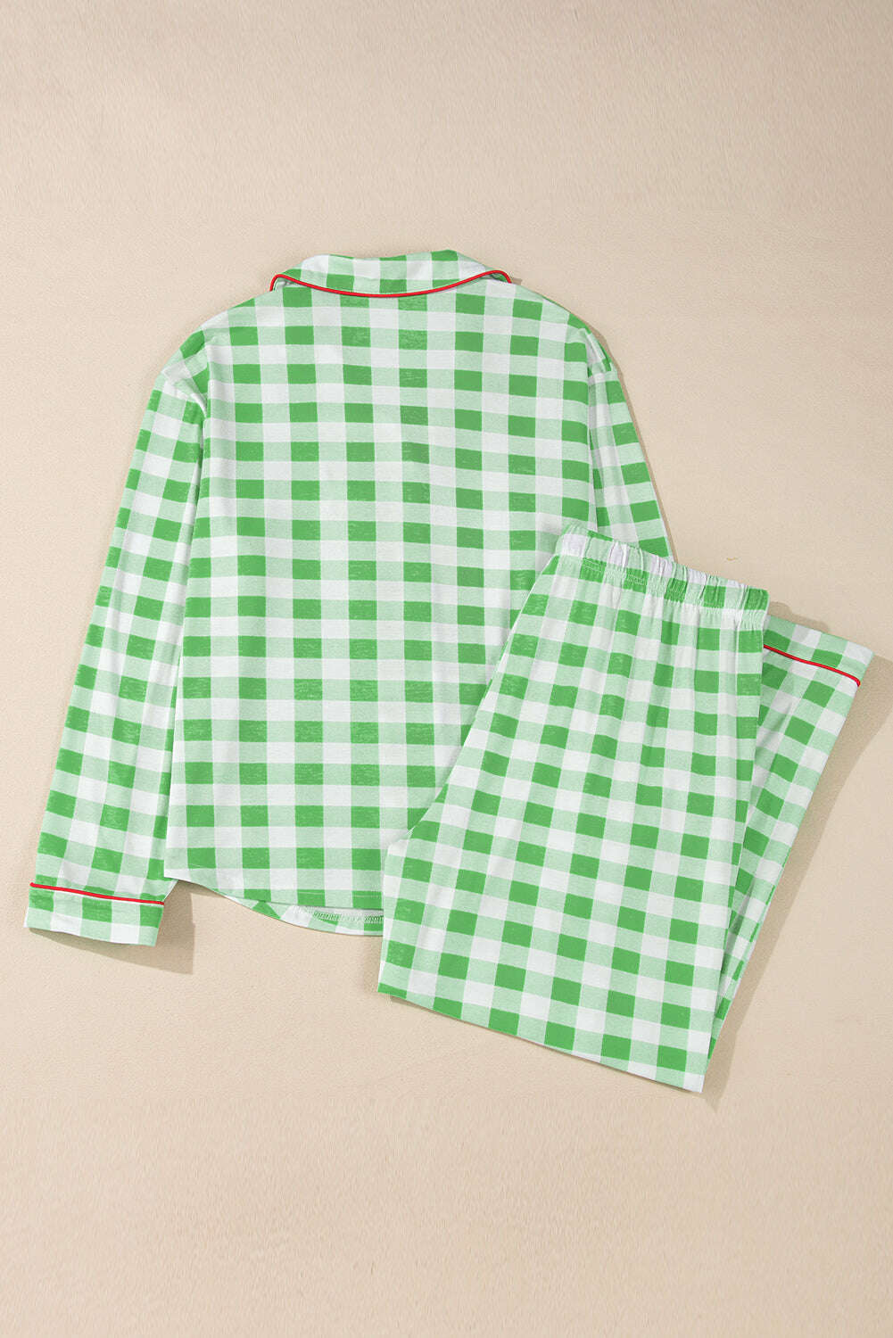 Plus Size Matching Sets-Green Plaid Print Piping Trim Long Sleeve Plus Size Pajama Set-torontoscreenprinting.ca