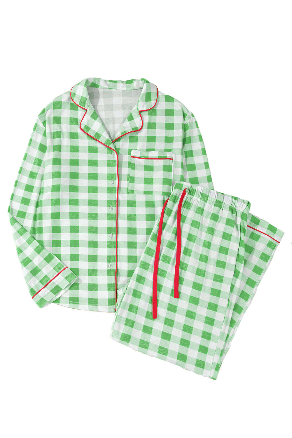 Plus Size Matching Sets-Green Plaid Print Piping Trim Long Sleeve Plus Size Pajama Set-torontoscreenprinting.ca