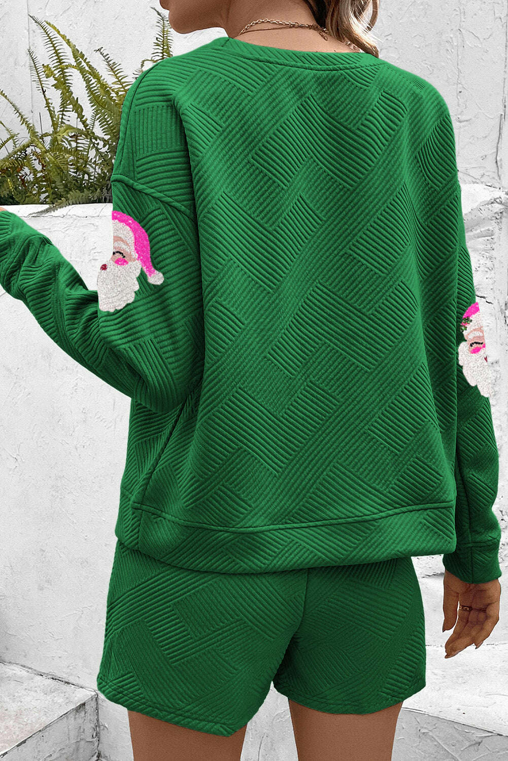 Graphic Apparel-Green Santa Clause Pattern Textured Pullover and Shorts Casual Outfit-torontoscreenprinting.ca