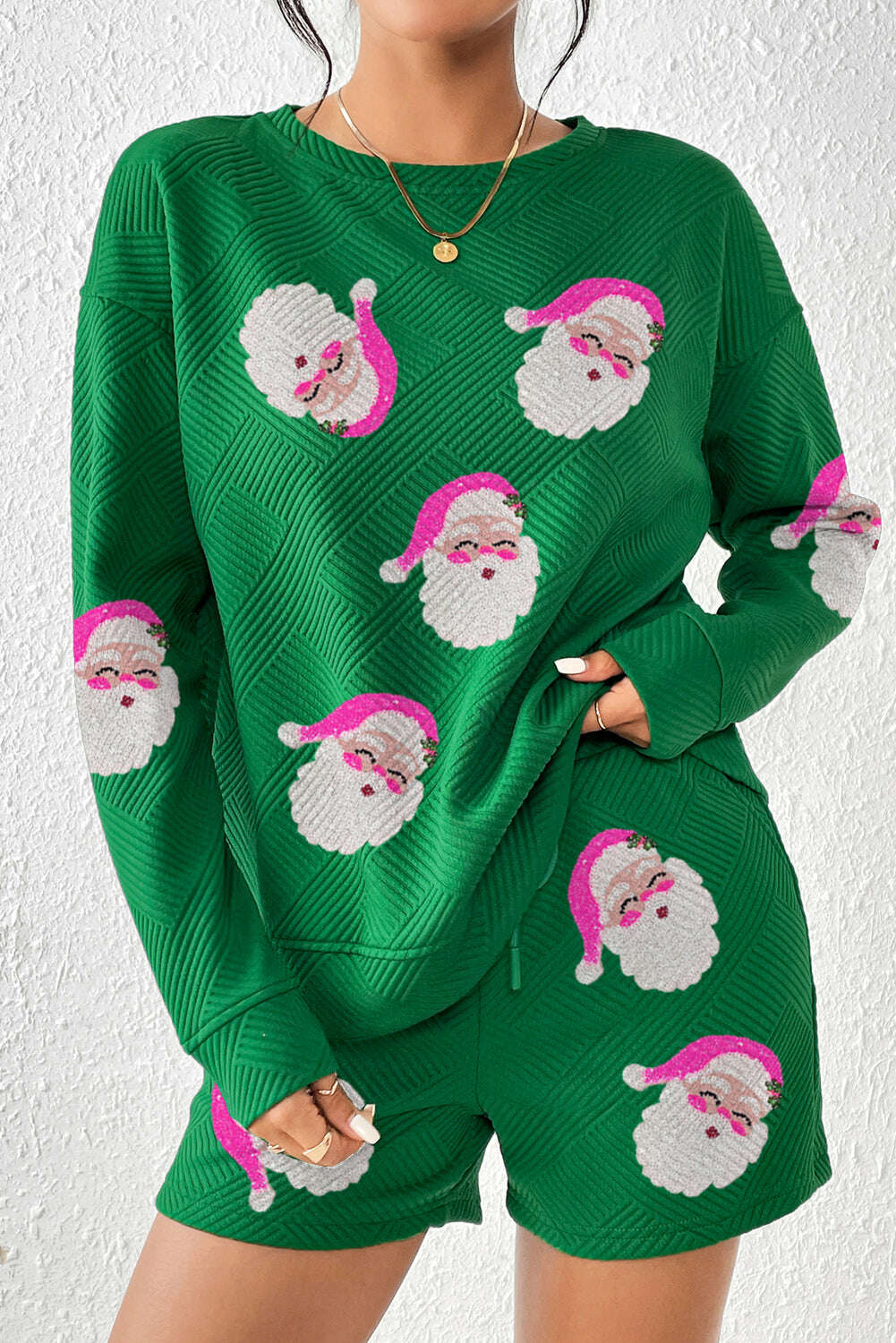 Graphic Apparel-Green Santa Clause Pattern Textured Pullover and Shorts Casual Outfit-torontoscreenprinting.ca