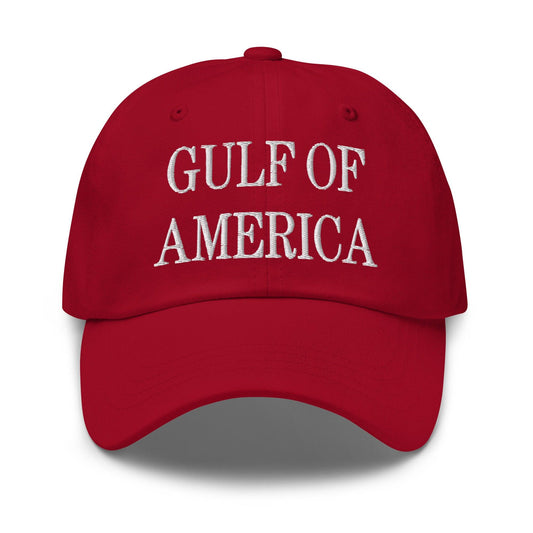Red Gulf of America Embroidered Dad Hat showcasing custom apparel and embroidered dad hat design