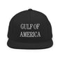 Black flat-brimmed cap with Gulf of America embroidered flat design on snapback hat