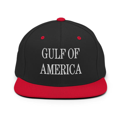 Black and red America embroidered flat brim snapback hat displayed in Gulf of America product
