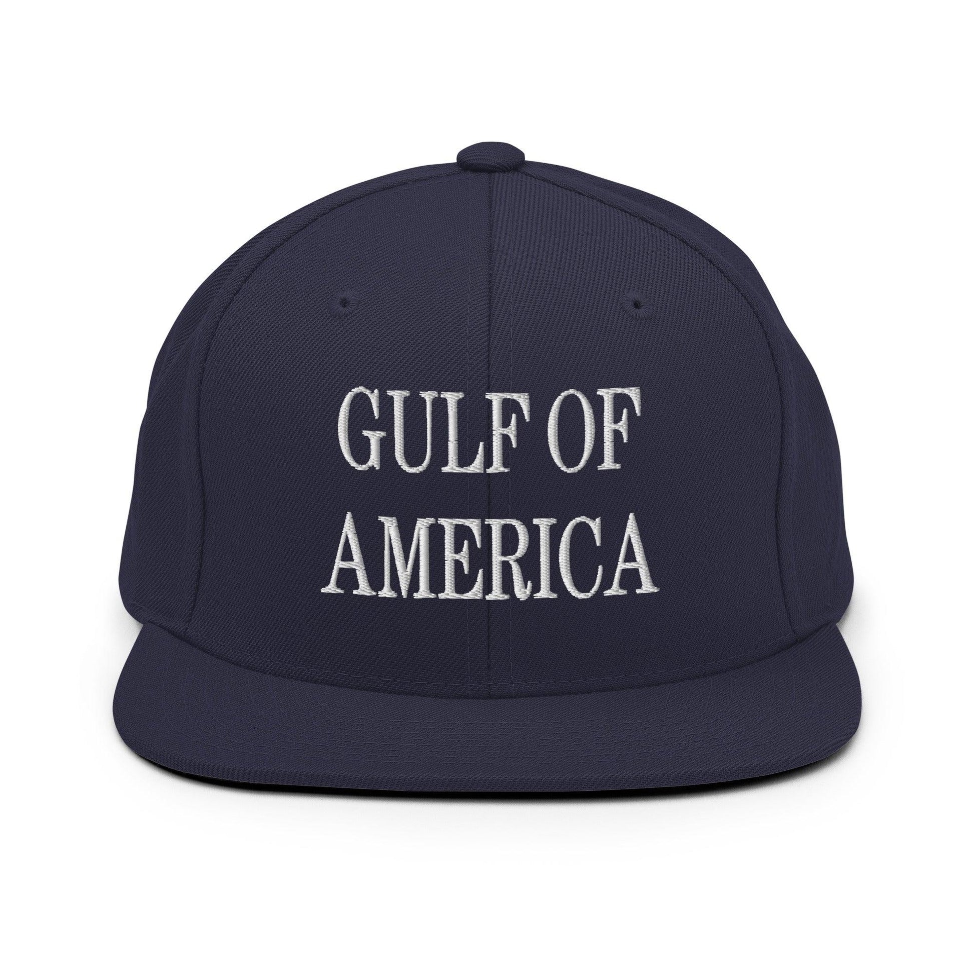 Navy blue Gulf of America embroidered flat bill brim snapback hat with embroidery detail