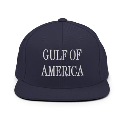 Navy blue Gulf of America embroidered flat bill brim snapback hat with embroidery detail