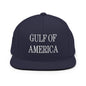 Navy blue Gulf of America embroidered flat bill brim snapback hat with embroidery detail