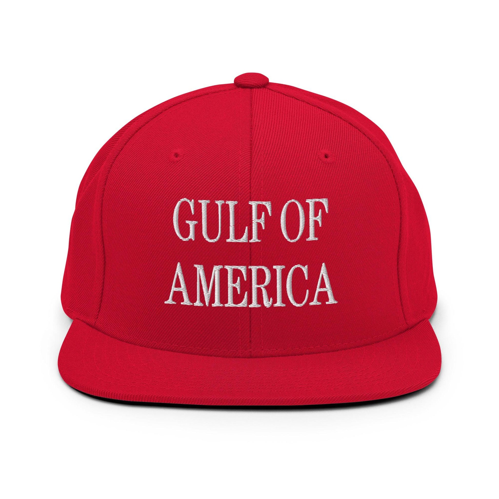 Red baseball cap featuring America embroidered flat brim snapback hat design