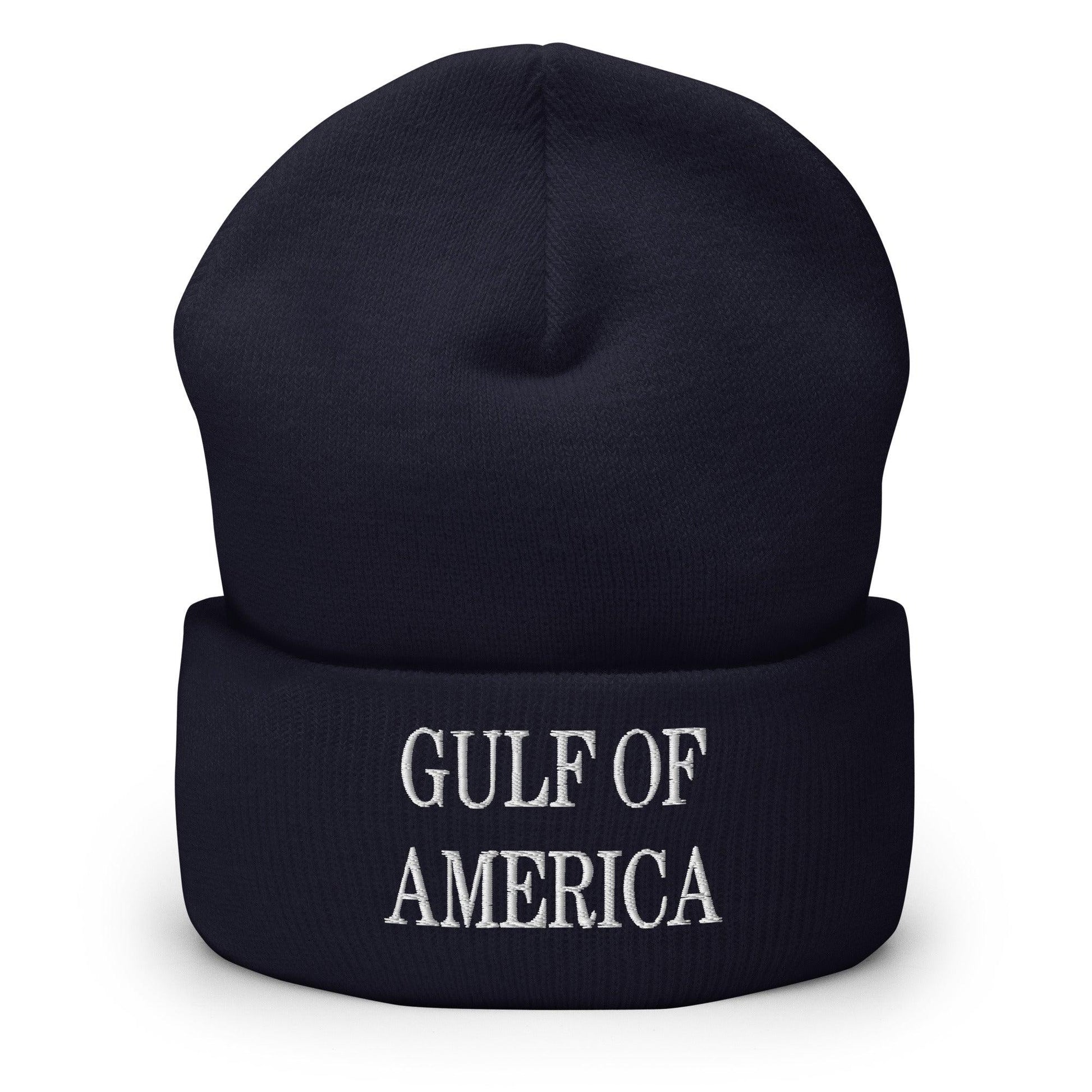 Dark blue Gulf of America embroidered knit cuffed beanie with embroidered knit cuff design