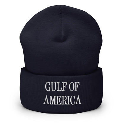 Dark blue Gulf of America embroidered knit cuffed beanie with embroidered knit cuff design