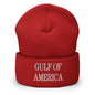 Red knit beanie with America embroidered knit cuff in Gulf of America Embroidered Knit Cuffed Beanie