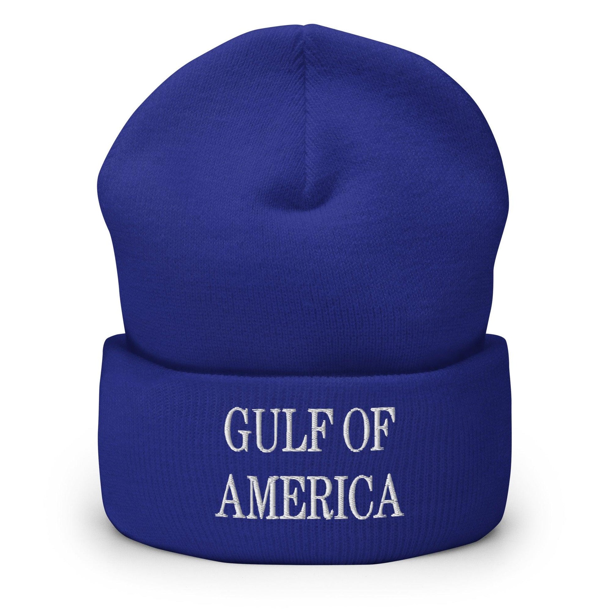 Blue knit beanie with America embroidered knit and cuffed beanie design