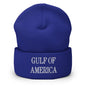 Blue knit beanie with America embroidered knit and cuffed beanie design