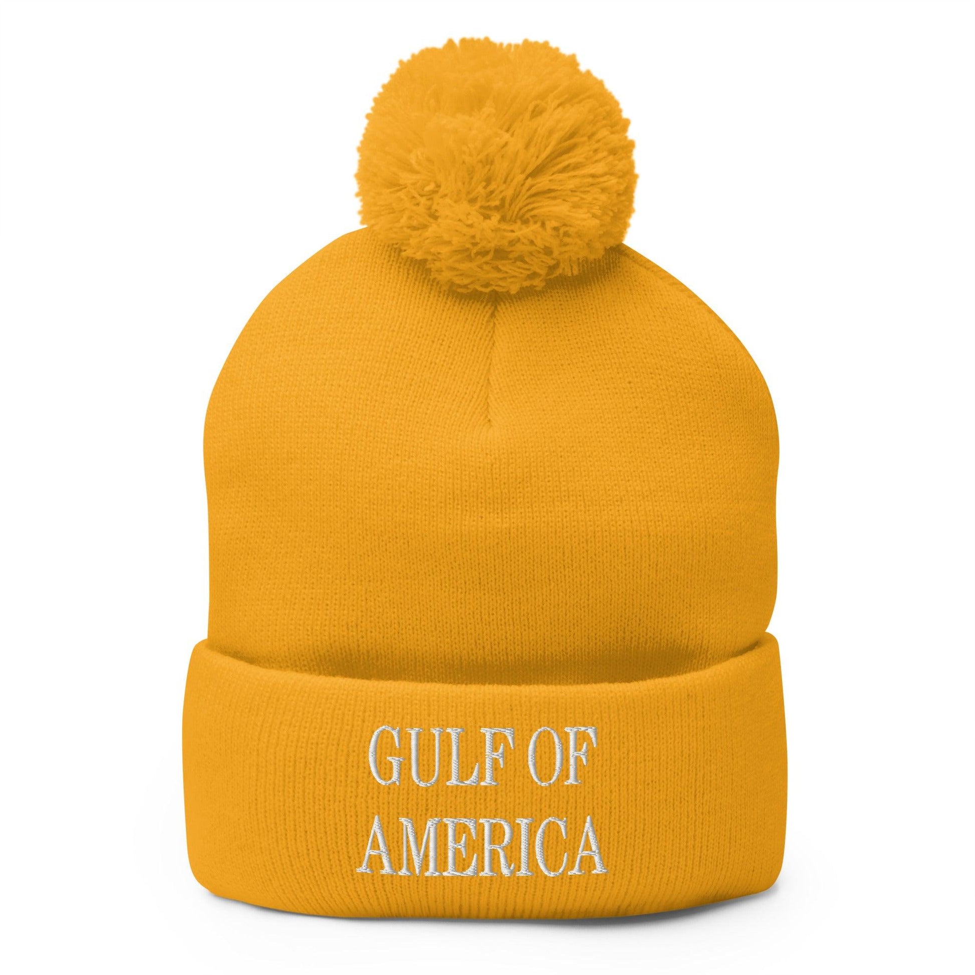 Yellow knit beanie with pompom from Gulf of America embroidered knit pom collection