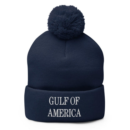 Navy blue America embroidered knit pom pom beanie with stylish embroidered knit pom design