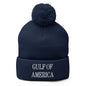 Navy blue America embroidered knit pom pom beanie with stylish embroidered knit pom design