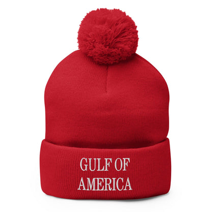 Red knit beanie with pompom from Gulf of America Embroidered Knit Pom Pom Beanie collection